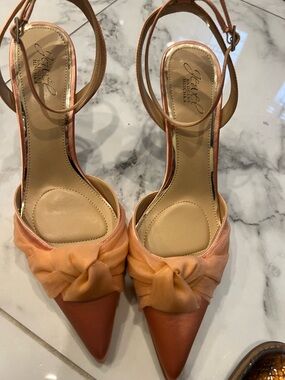 Jewel Badgley Mischka Peach Satin Pointed Ankle-Strap Heels with Bow